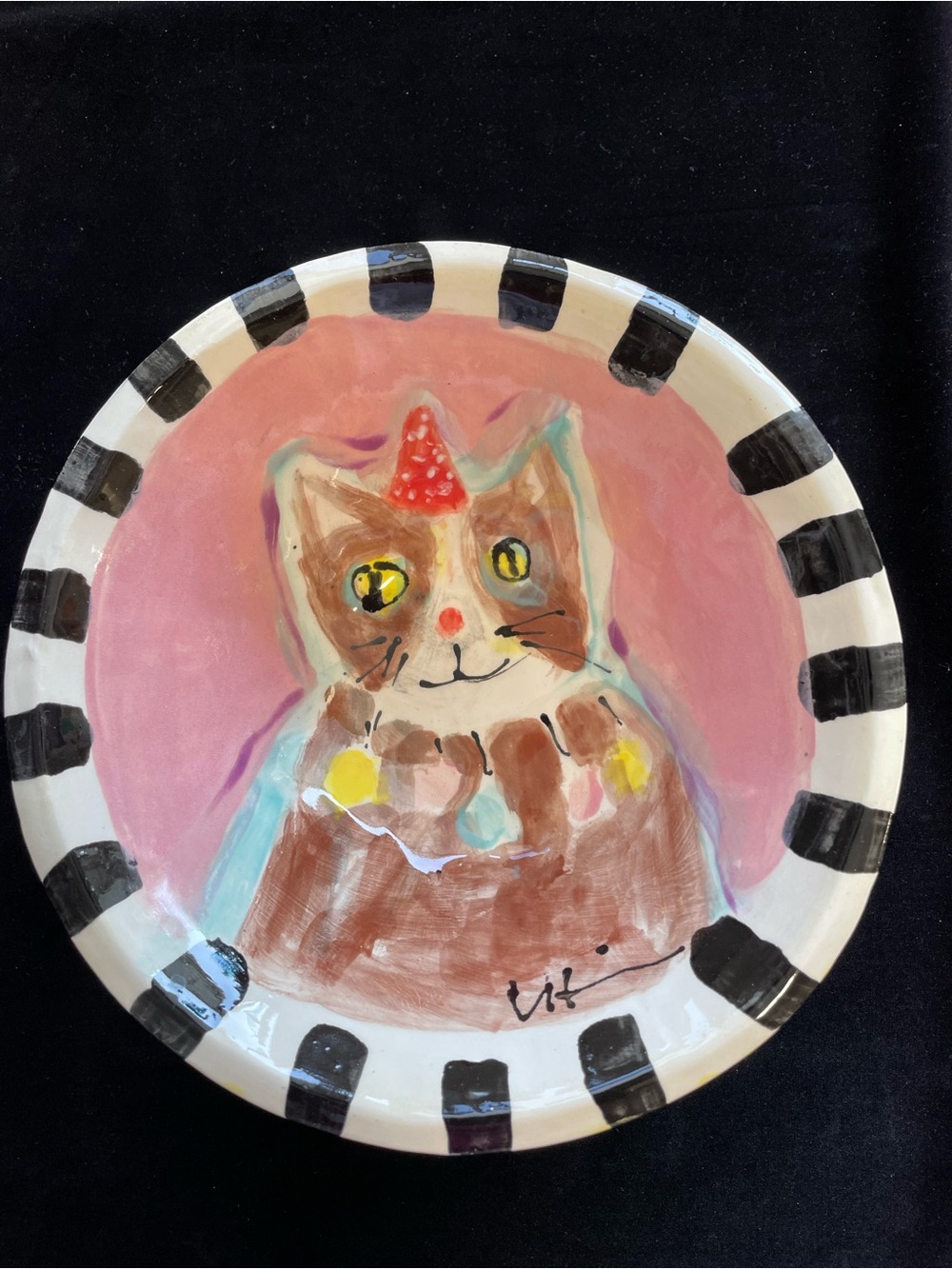 Handmade Deep Bowl” Adorable Cat. With Party Hat”8x4” Original Design Pottery
